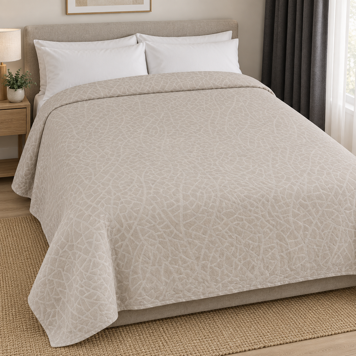 Pale blush beige mosaic textured bedspread styled on a double bed