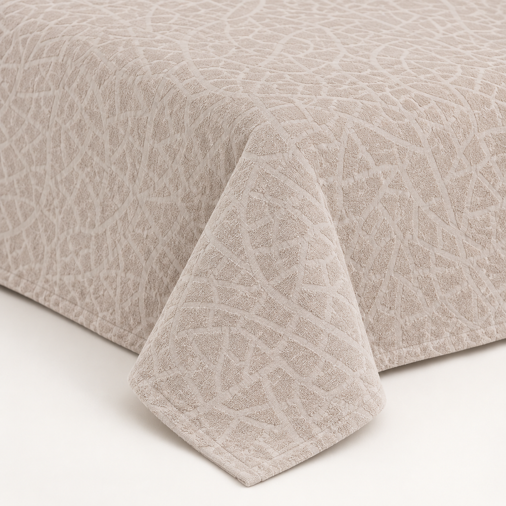 Close-up of pale beige bedspread with irregular mosaic jacquard texture