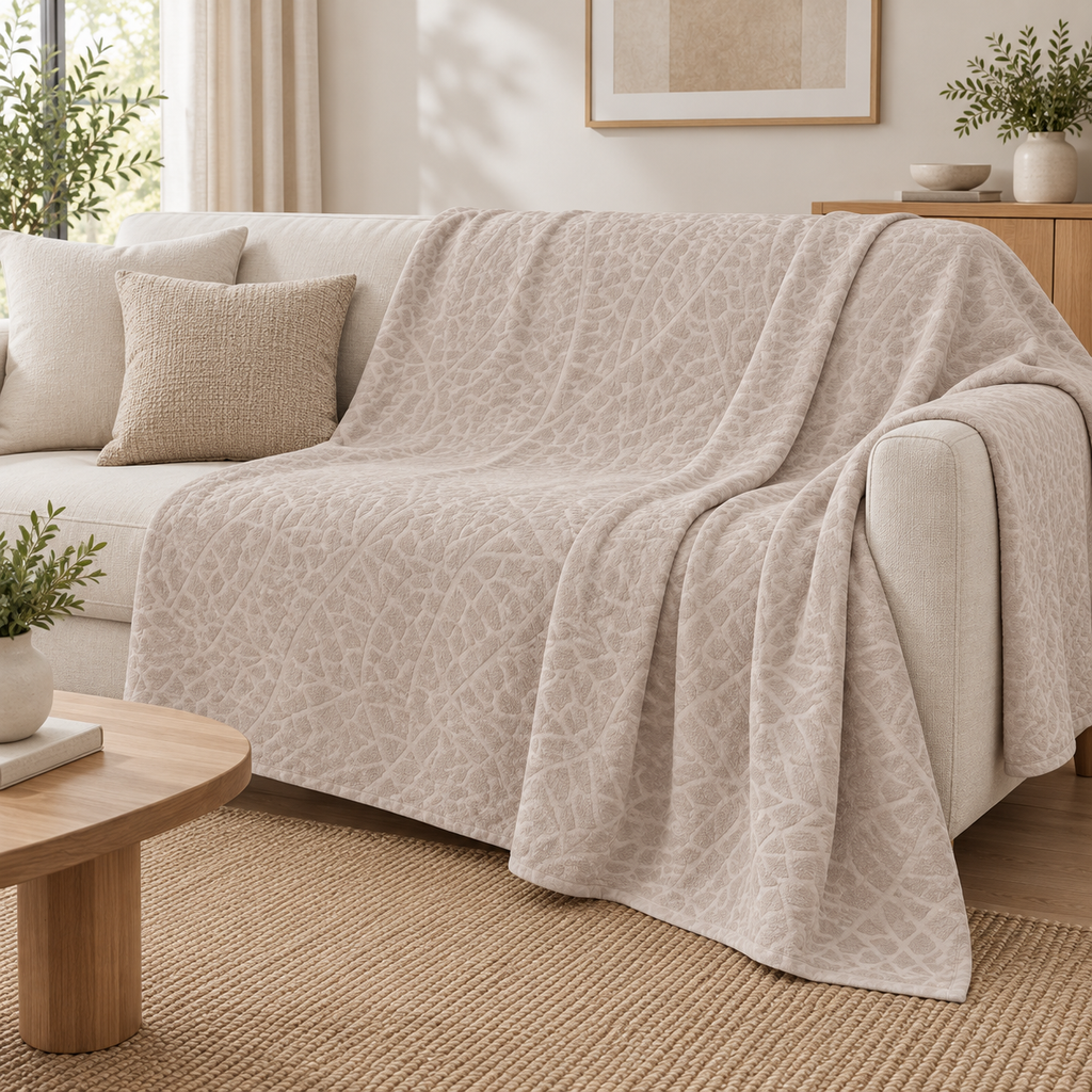 Pale beige mosaic textured bedspread styled as a sofa throw