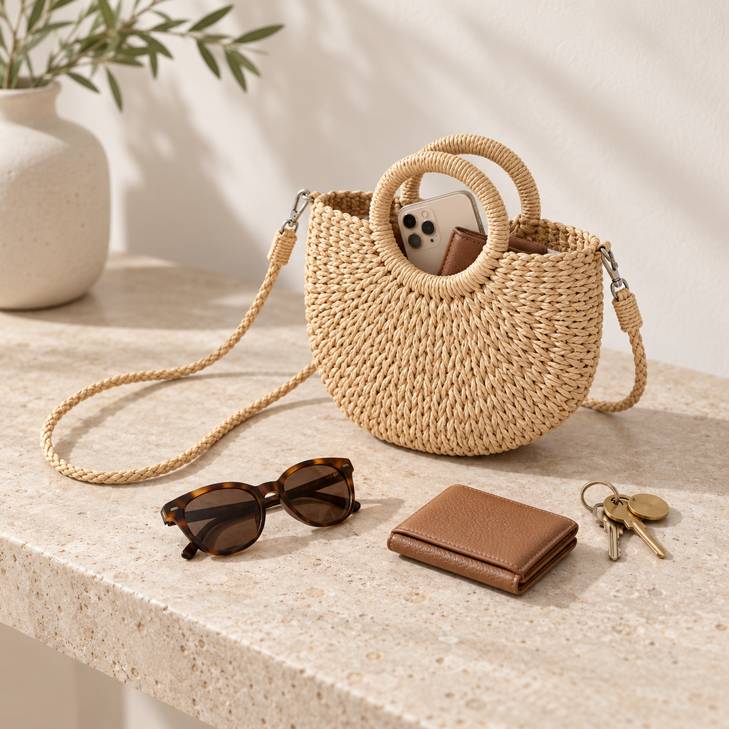Natural tan woven crossbody bag with phone, wallet, sunglasses and keys