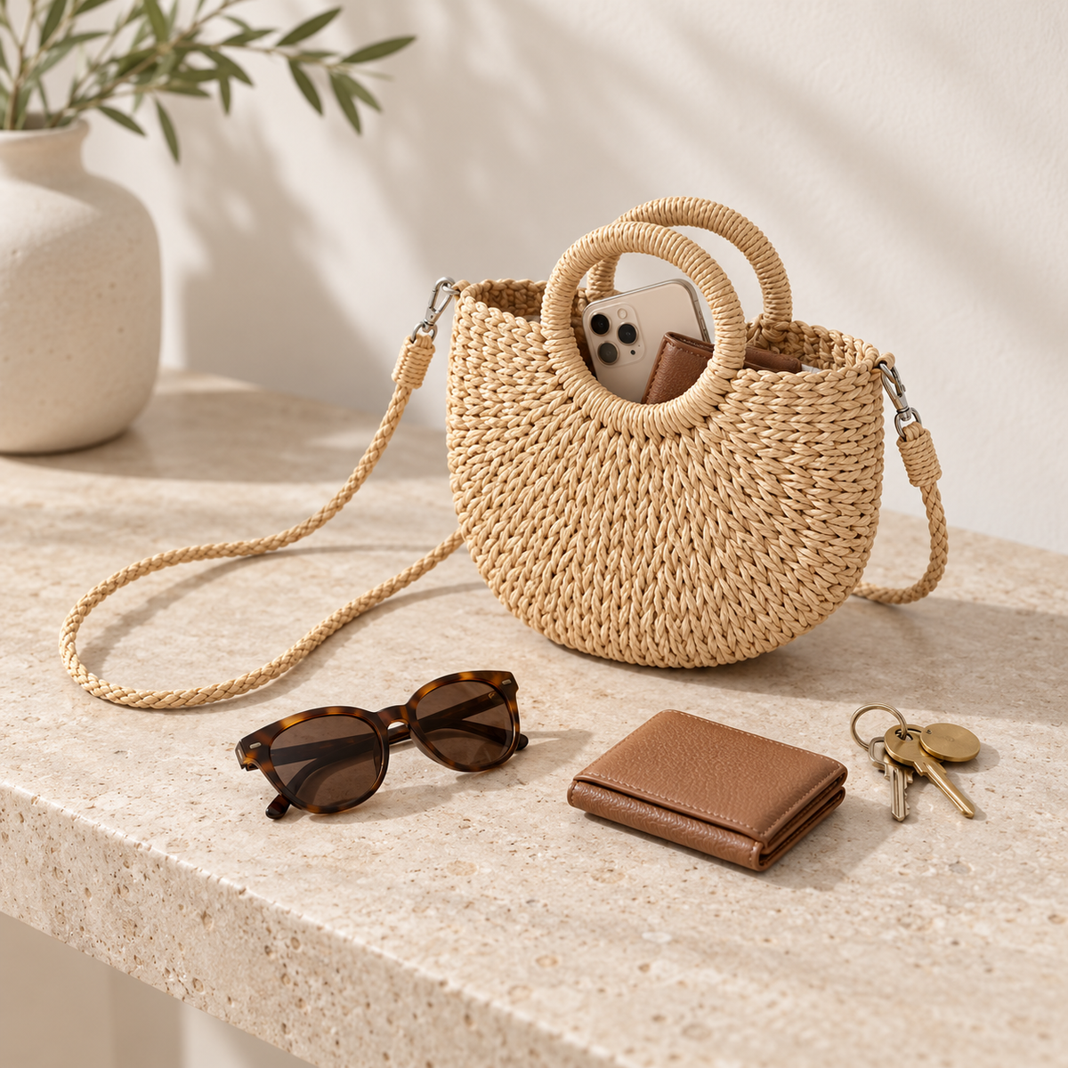 Natural tan woven crossbody bag with phone, wallet, sunglasses and keys