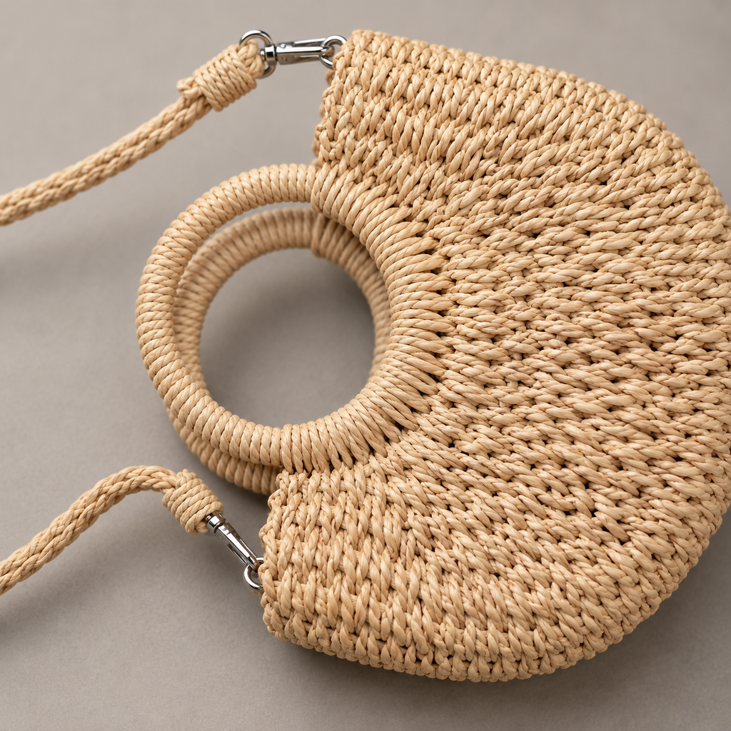 Close-up of the natural tan woven texture, round handle and silver-tone strap clip