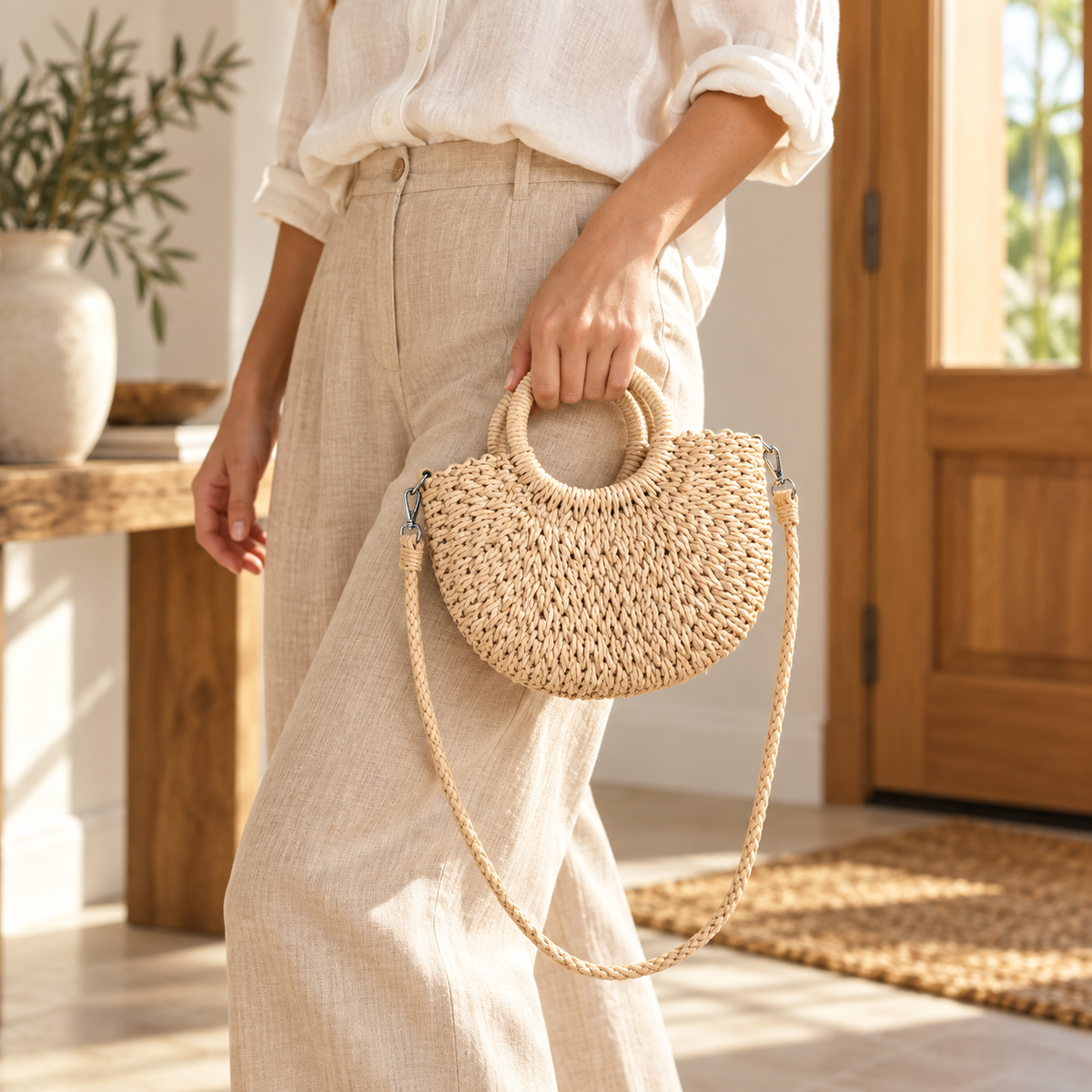 Natural tan woven crossbody bag carried by its round ring handles in a sunlit interior
