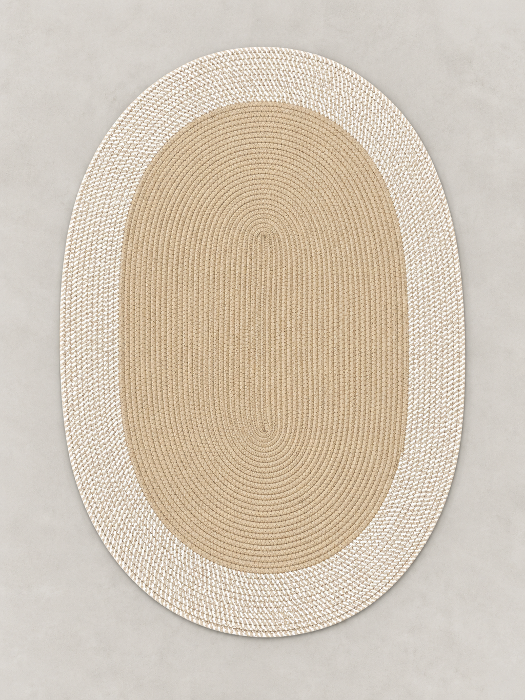 Oval woven floor mat with cream border, 99 × 69 cm