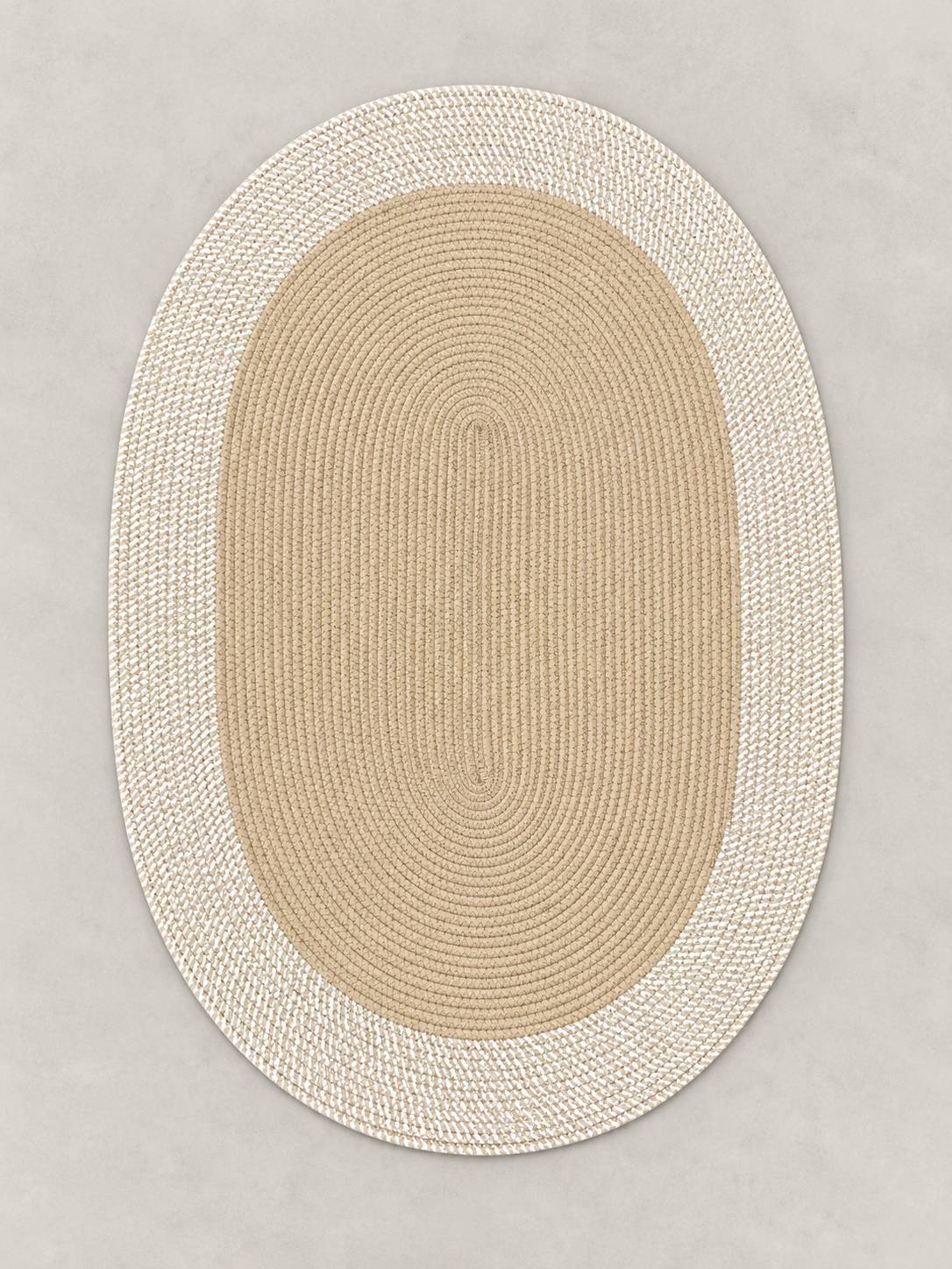 Oval woven floor mat with cream border, 99 × 69 cm
