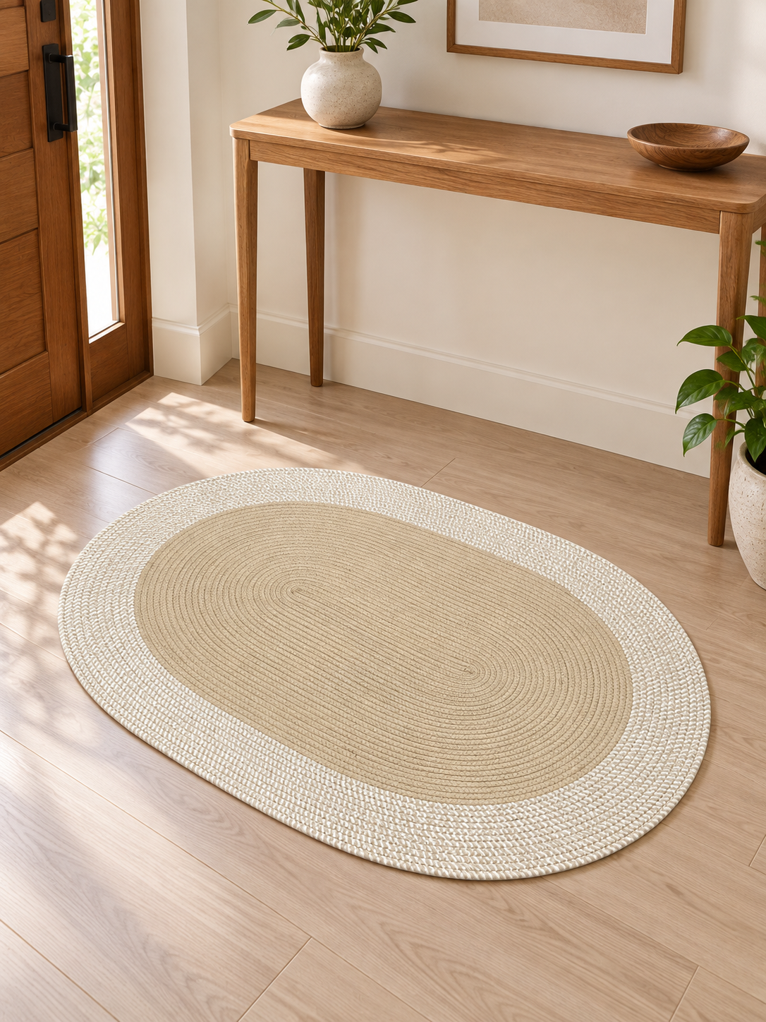 Oval woven floor mat with cream border in a home entryway