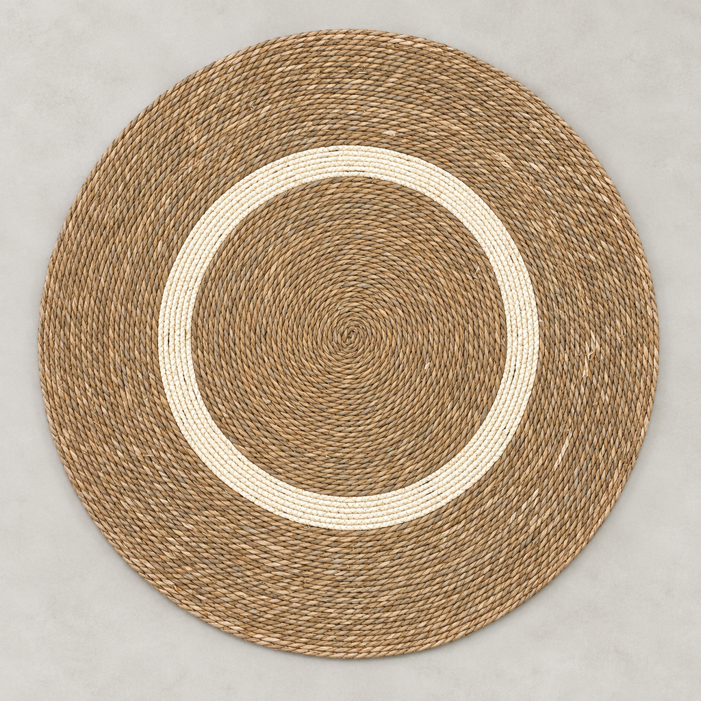 Round woven floor mat with cream circular accent, 99 cm