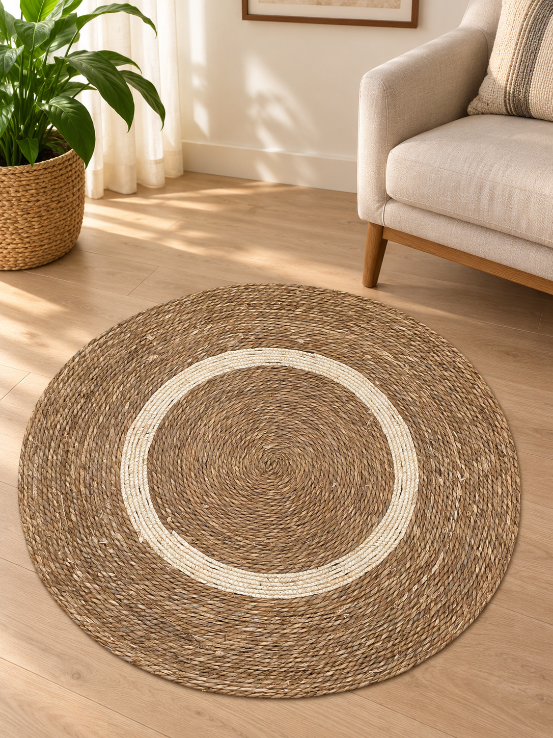 Round woven floor mat in a neutral living room