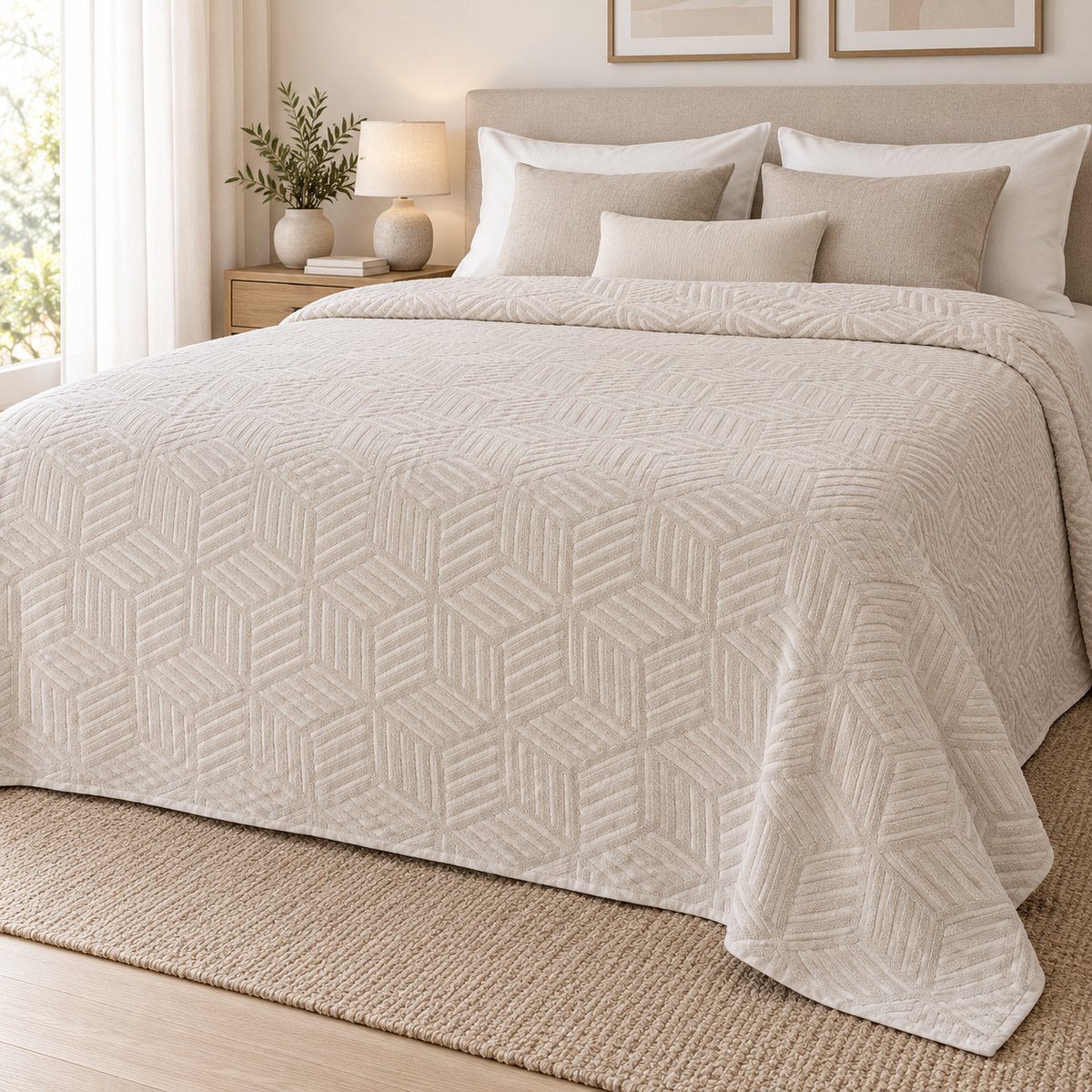 STIL CUBE beige cotton bedspread styled on a double bed