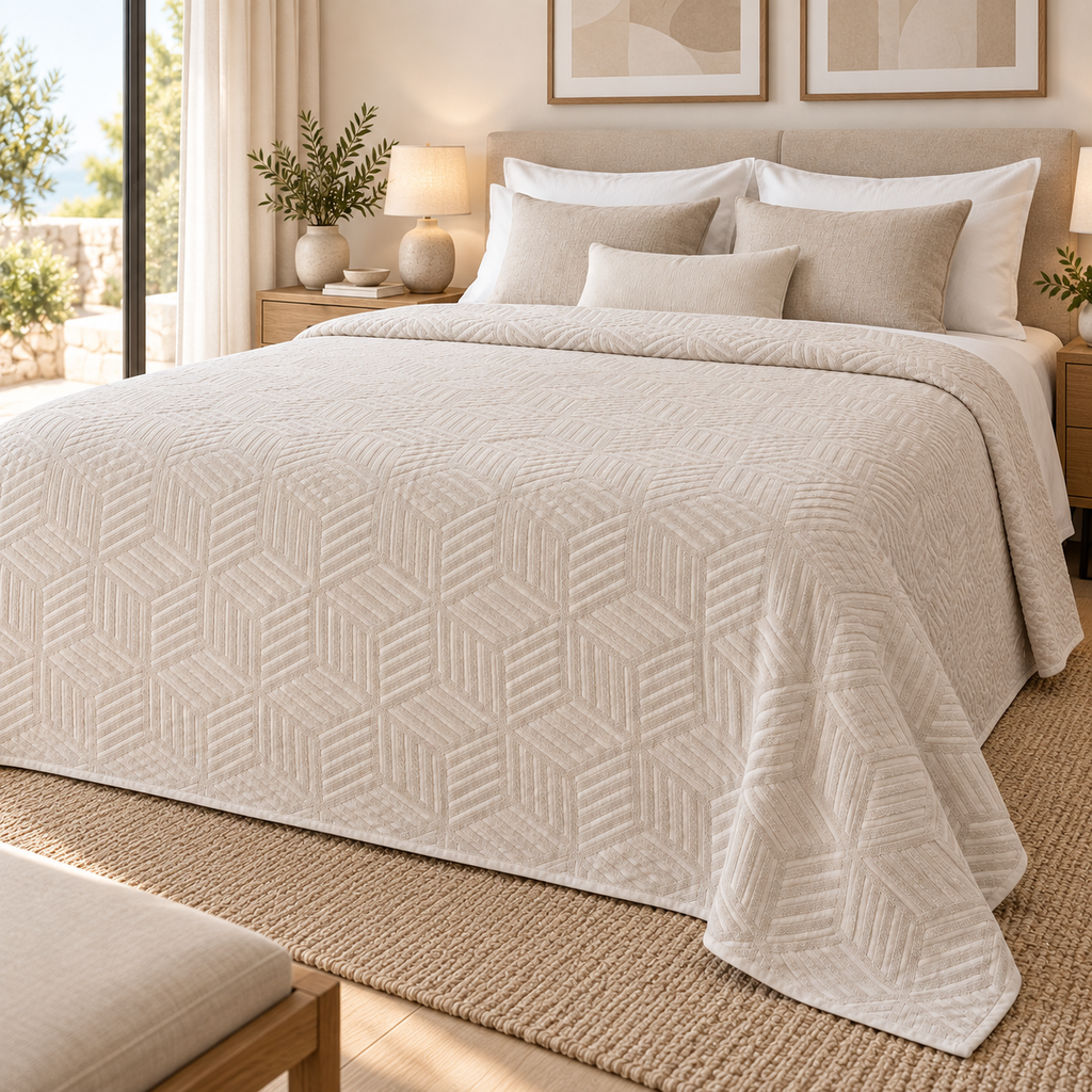 STIL CUBE beige cotton bedspread styled in a guest bedroom