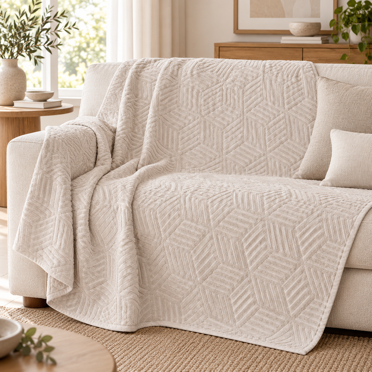 STIL CUBE beige cotton bedspread styled as a sofa throw