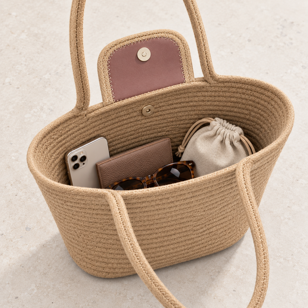 Open tan rope tote bag showing snap closure and everyday carrying capacity