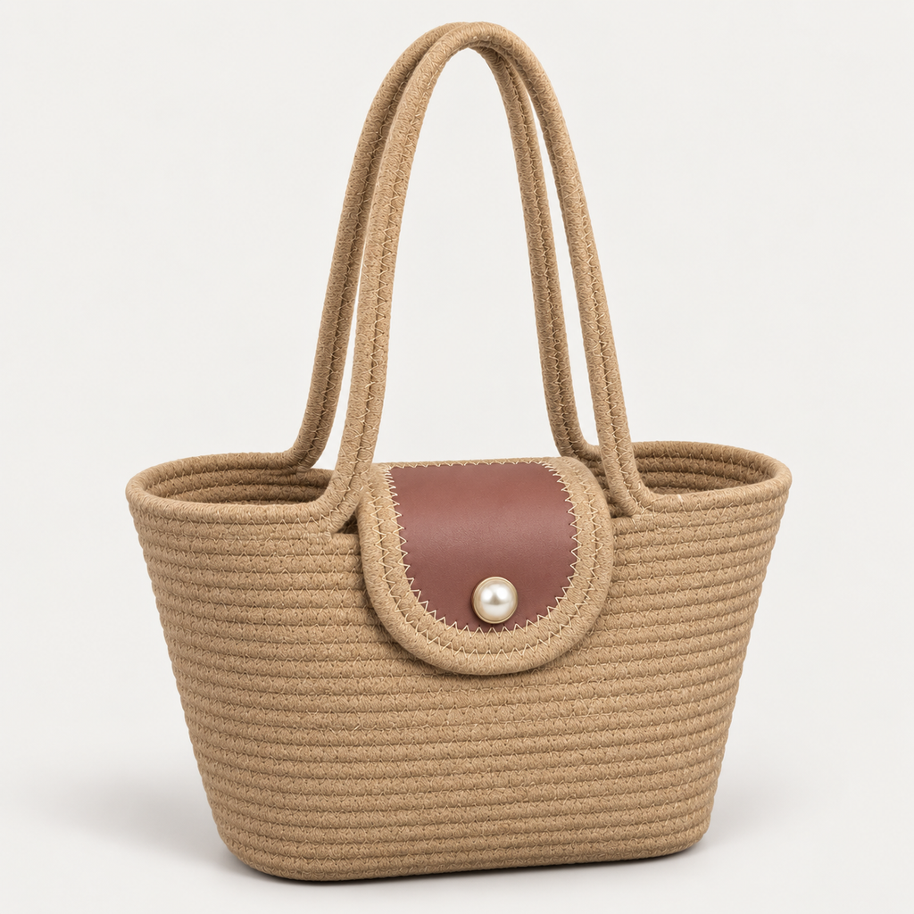 Tan rope tote bag with dusty rose flap and pearl-style snap on a light gray studio background