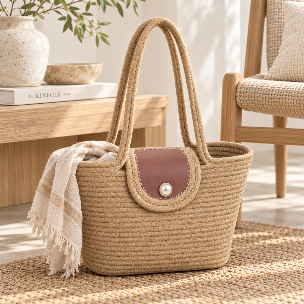 Tan rope tote bag with dusty rose flap styled in a bright neutral home