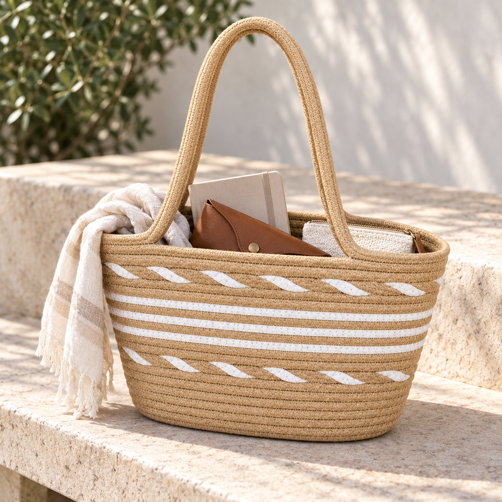 Tan and white coiled rope tote styled with everyday essentials