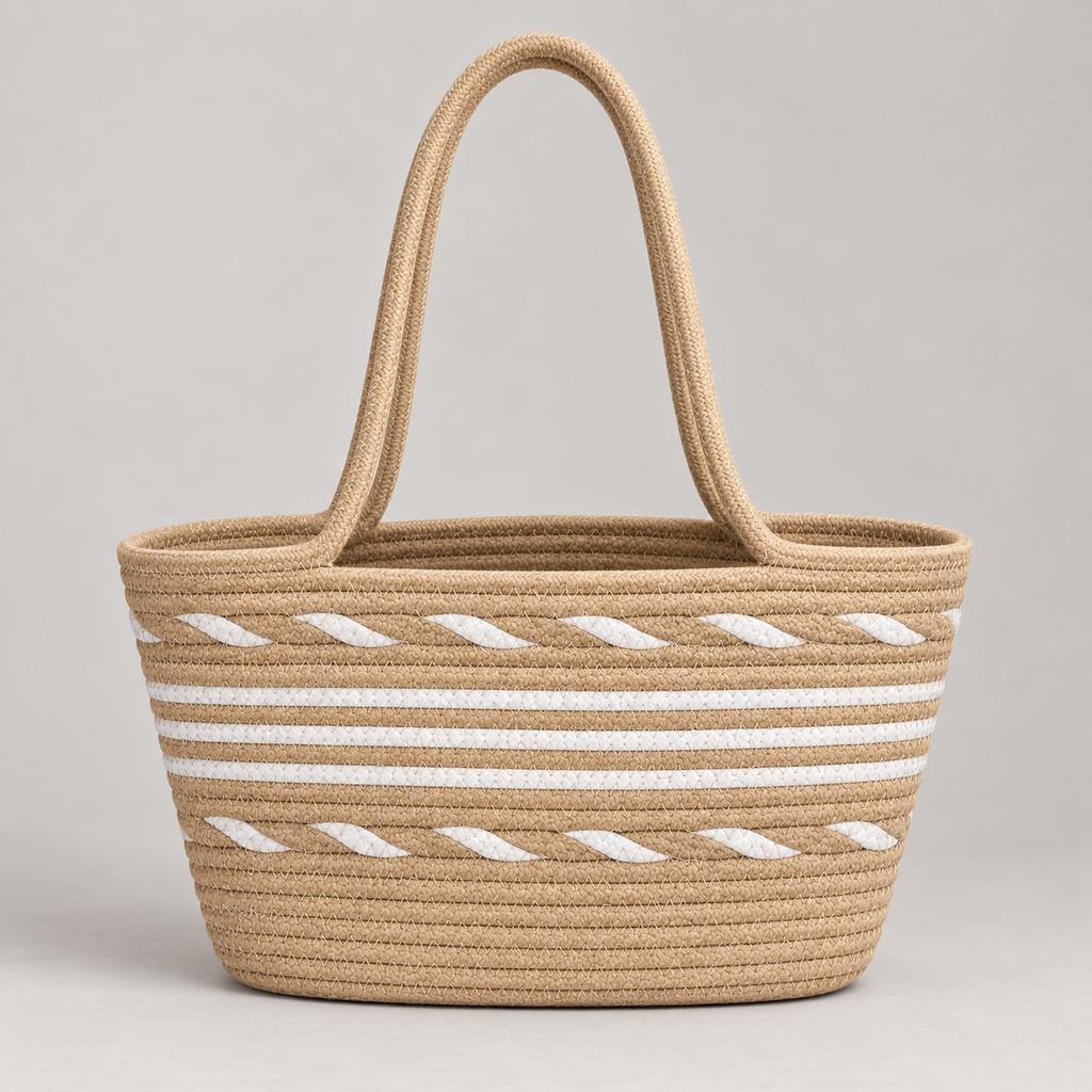 Tan and white coiled rope tote bag, front studio view