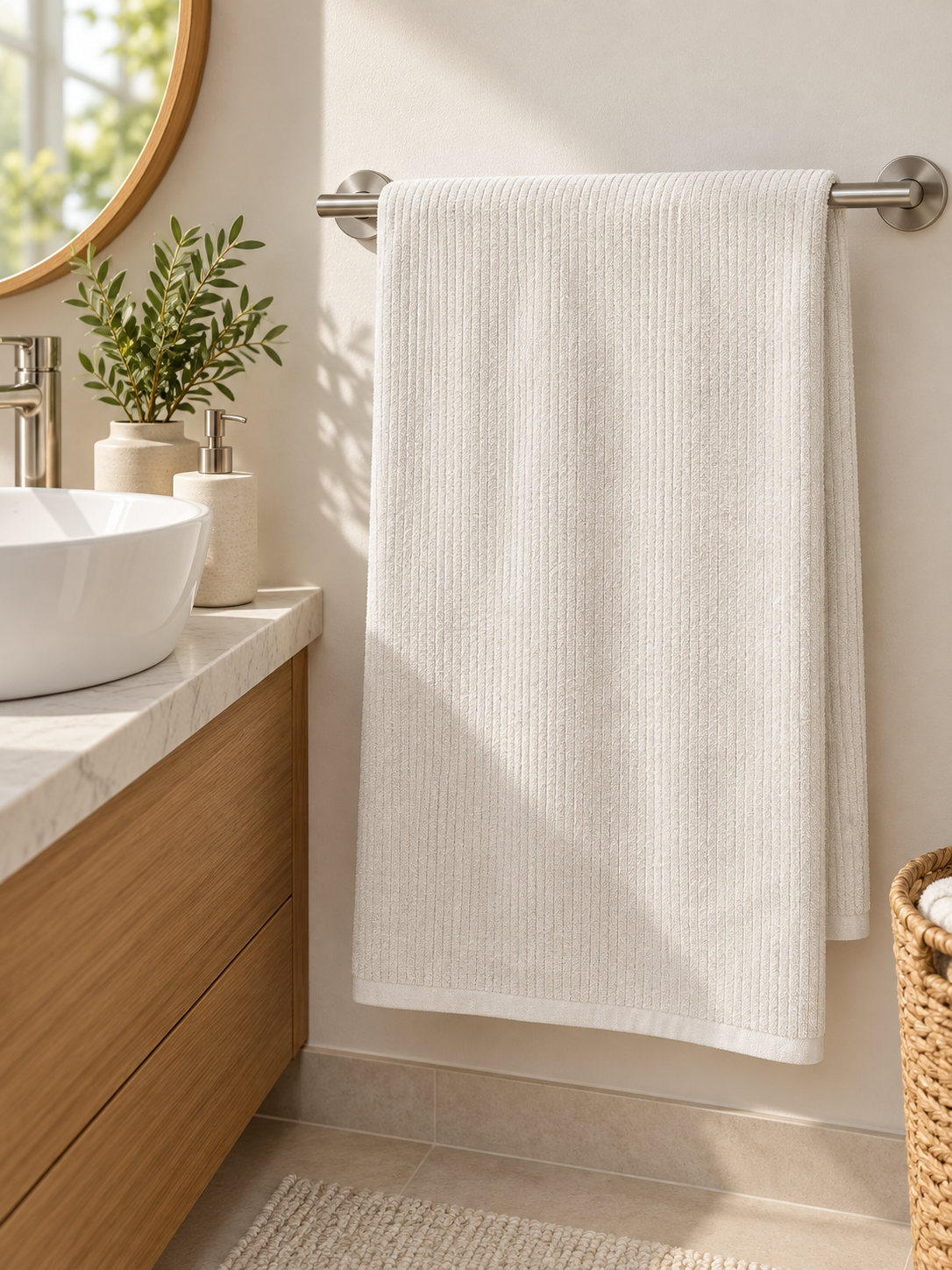 White ribbed bath towel draped on a bathroom towel rail